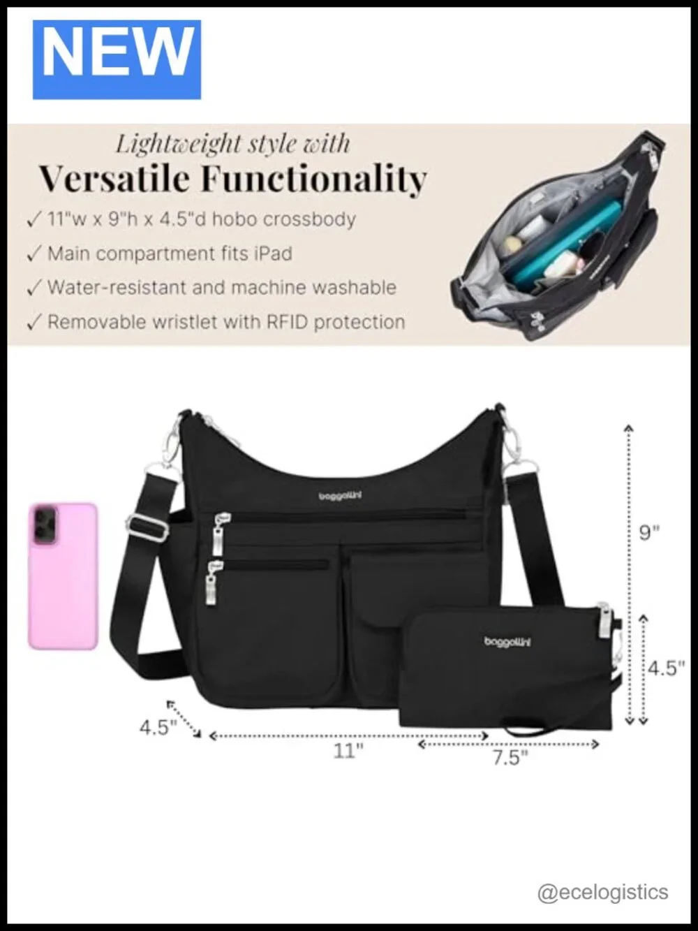Baggallini Modern Everywhere Crossbody RFID Hobo Nylon Bag